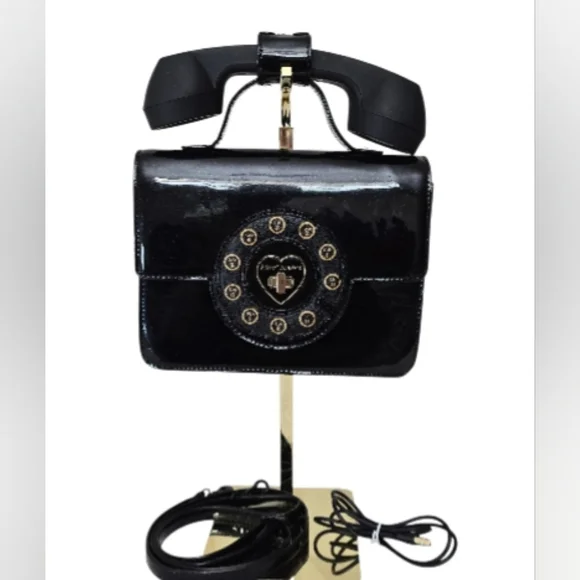 Betsey Johnson Black Patent Leather Telephone Crossbody Bag Novelty Purse - Picture 3 of 8
